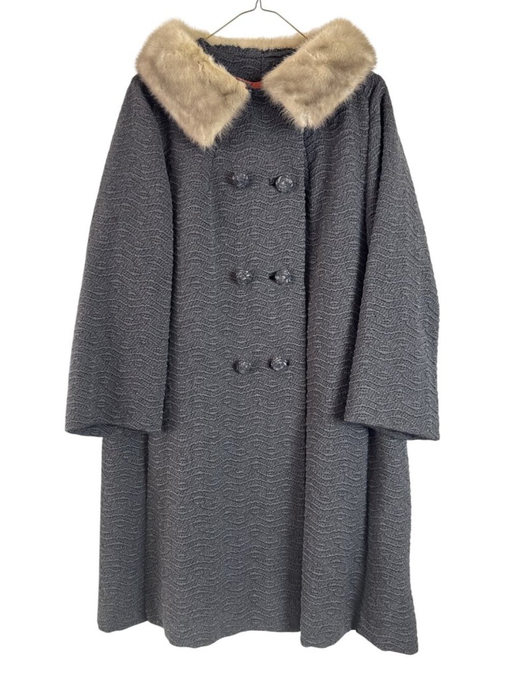 Vintage Gray Coat Fur Collar Satin Lining Double-Breasted Winter Elegant